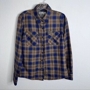 Dixxon Shirt Women Medium Plaid Flannel Long Sleeve Brown Blue Button Up  KK